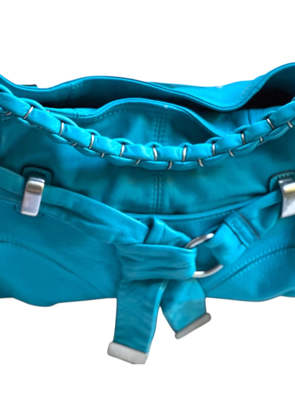 B. Makowsky Aqua Blue Braided Strap Soft Leather Satchel Shoulder Bag - Picture 4 of 10
